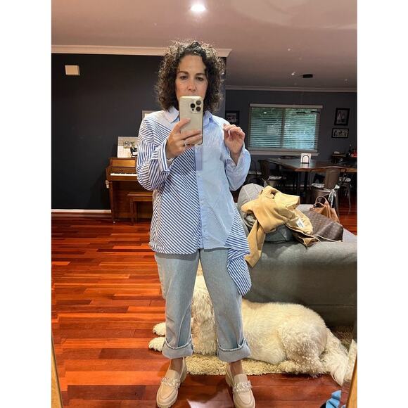 NAADAM Blue Cotton Asymmetrical Stripe Mix Button Up Long Sleeve Top Size Medium - Picture 11 of 12